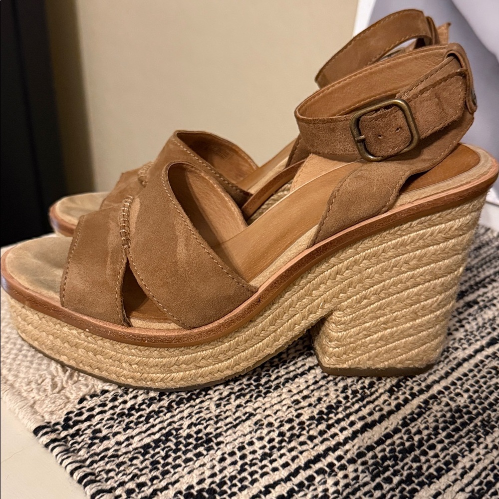 UGG Tan Suede Platform Espadrille Wedge Sandals